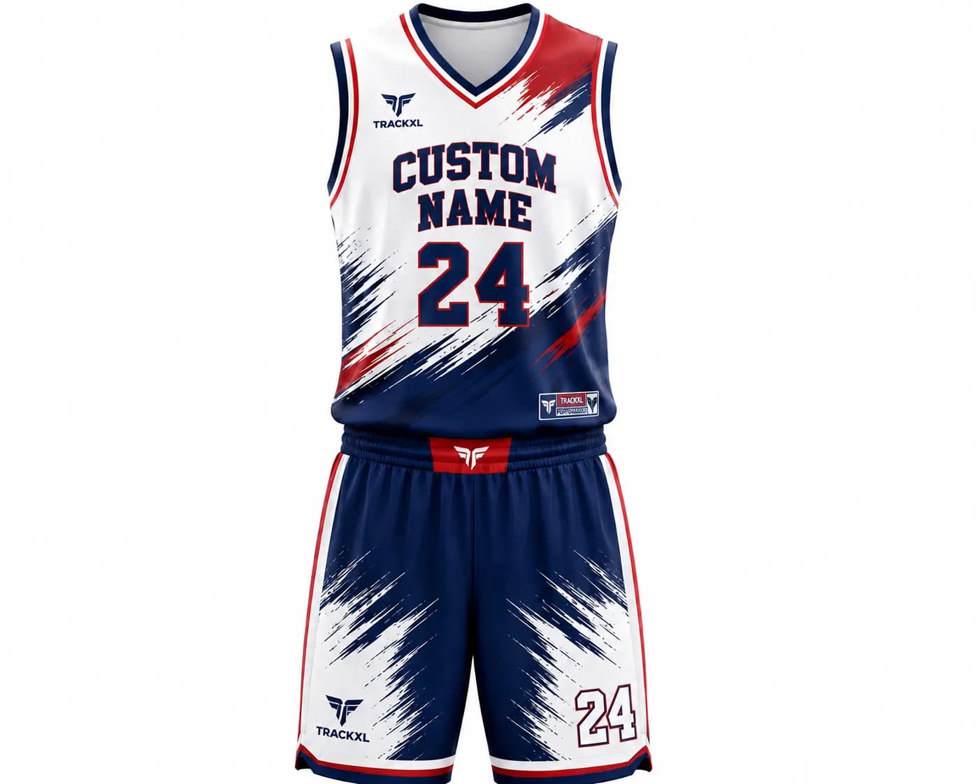 Custom basketball uniform set with personalized name and number, sublimated basketball jersey and shorts by TrackXL manufacturer.