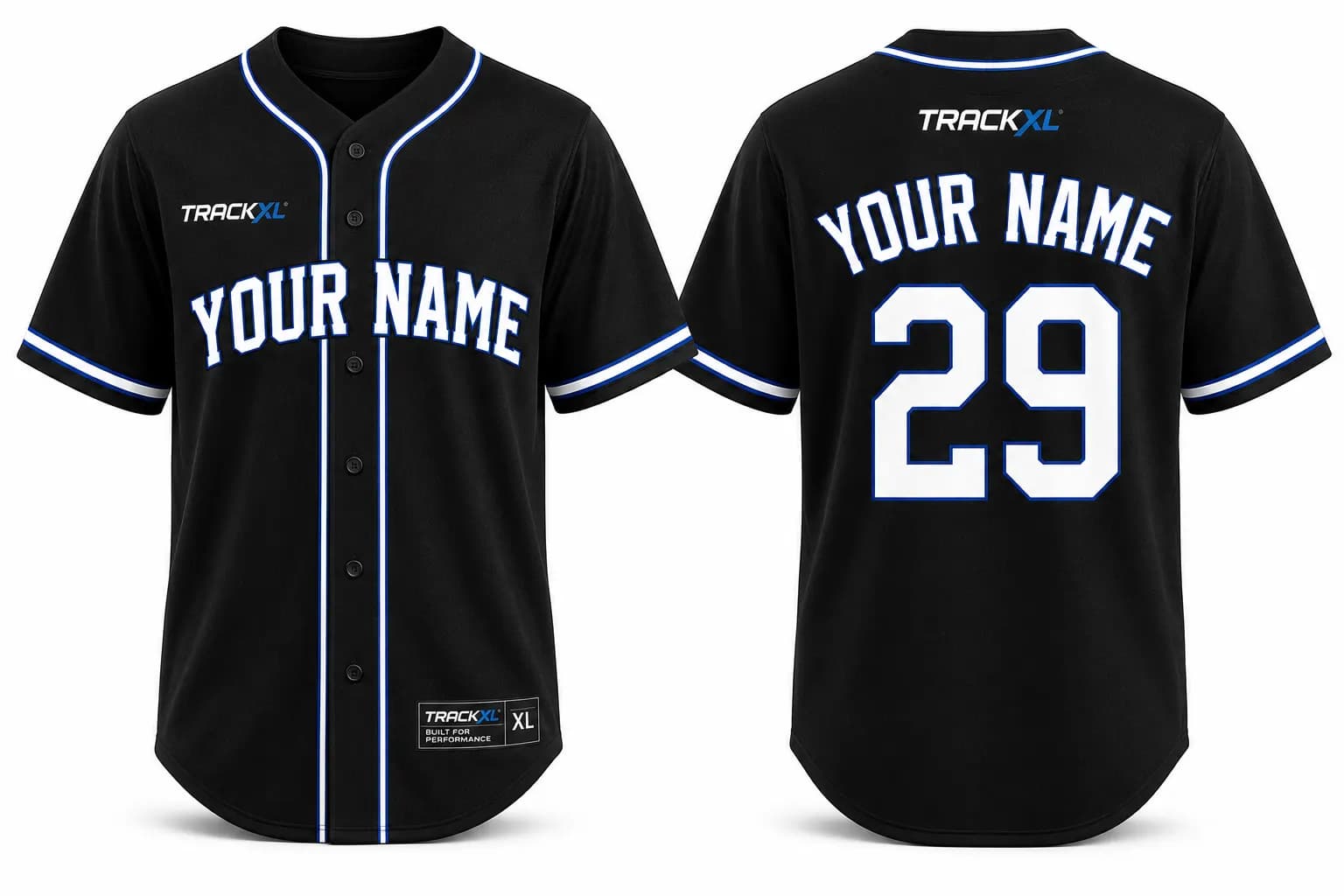 vBlack Custom Baseball Jersey Manufacturer by TrackXL with Personalized Team Name, Player Number, Private Label, and Wholesale Sports Uniform Manufacturing