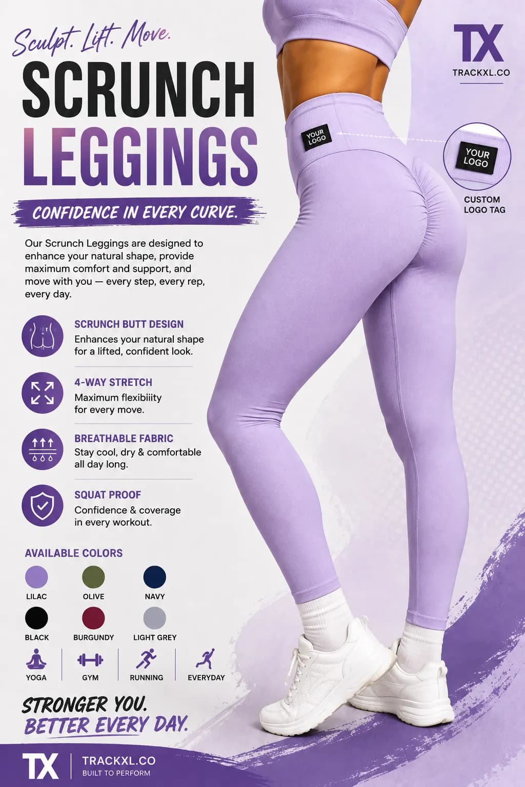 Show case 03 Women's custom seamless scrunch leggings with high waist, booty lifting fit, custom logo tag, premium fitness activewear by TrackXL.