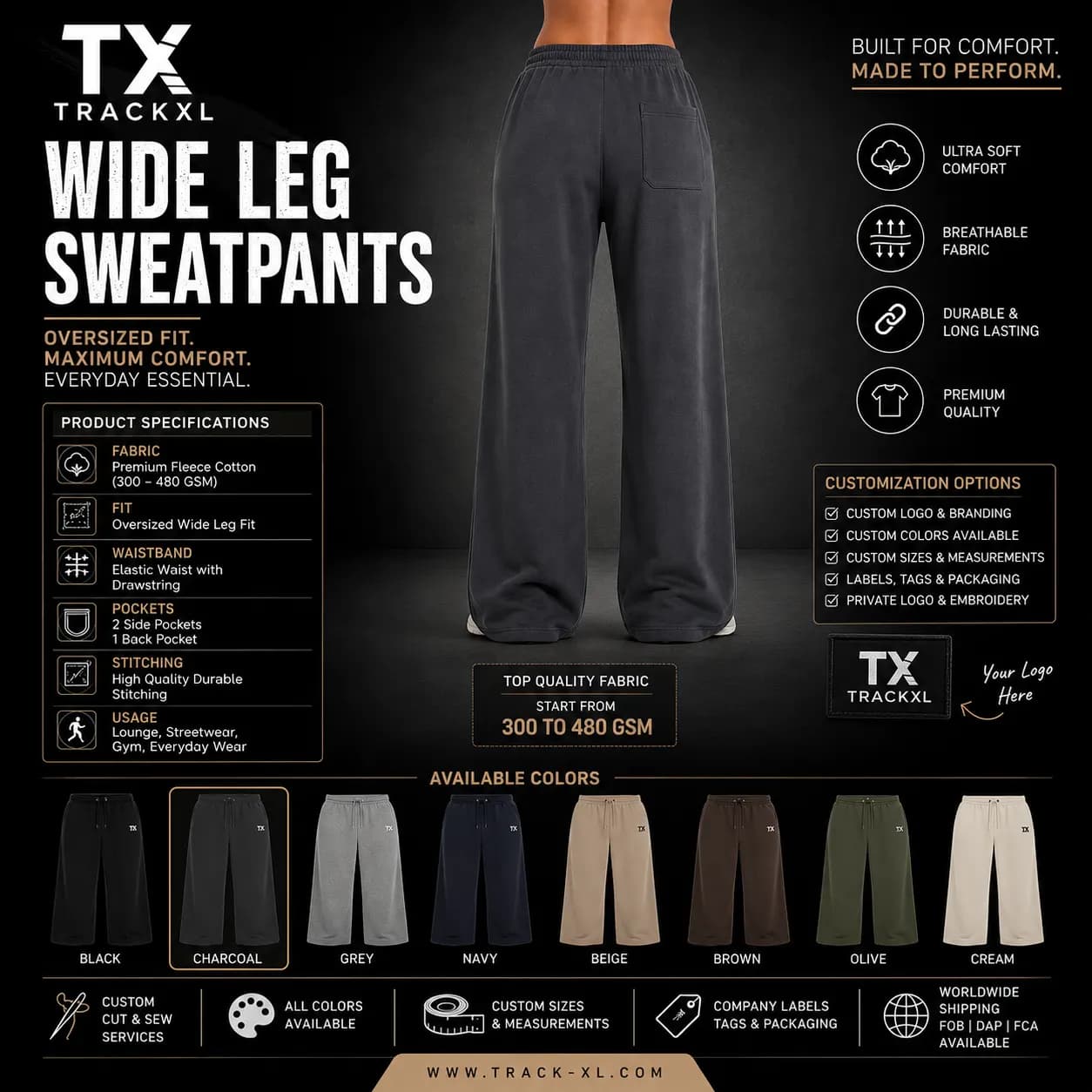 Custom Unisex Wide Leg Sweatpants Manufacturer | Oversized Fleece Pants | OEM & Private Label | TrackXL
