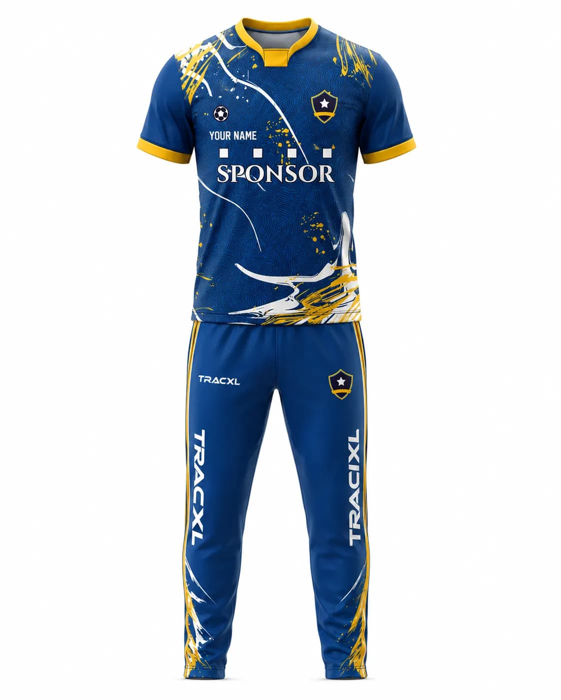 Premium custom cricket jersey and matching trouser set manufactured by TRACKXL with private label branding, sublimation printing, custom team logos, player names, and sponsor logos.