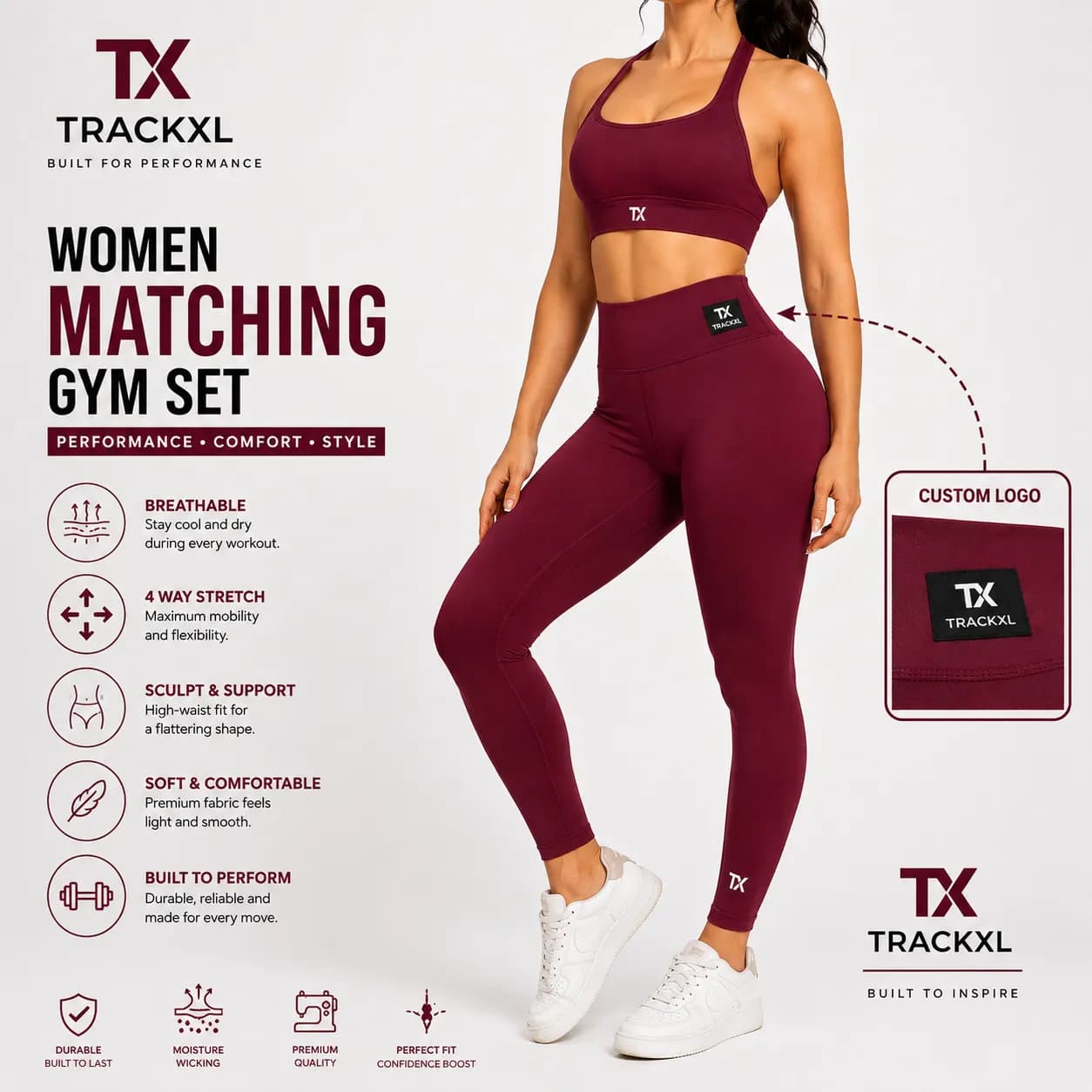 Women's burgundy matching gym set featuring a high-waist seamless legging and supportive sports bra with custom woven logo tag for OEM private label activewear manufacturing.