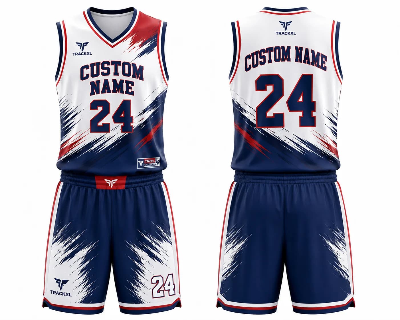 Custom basketball uniform set with personalized name and number, sublimated basketball jersey and shorts by TrackXL manufacturer.