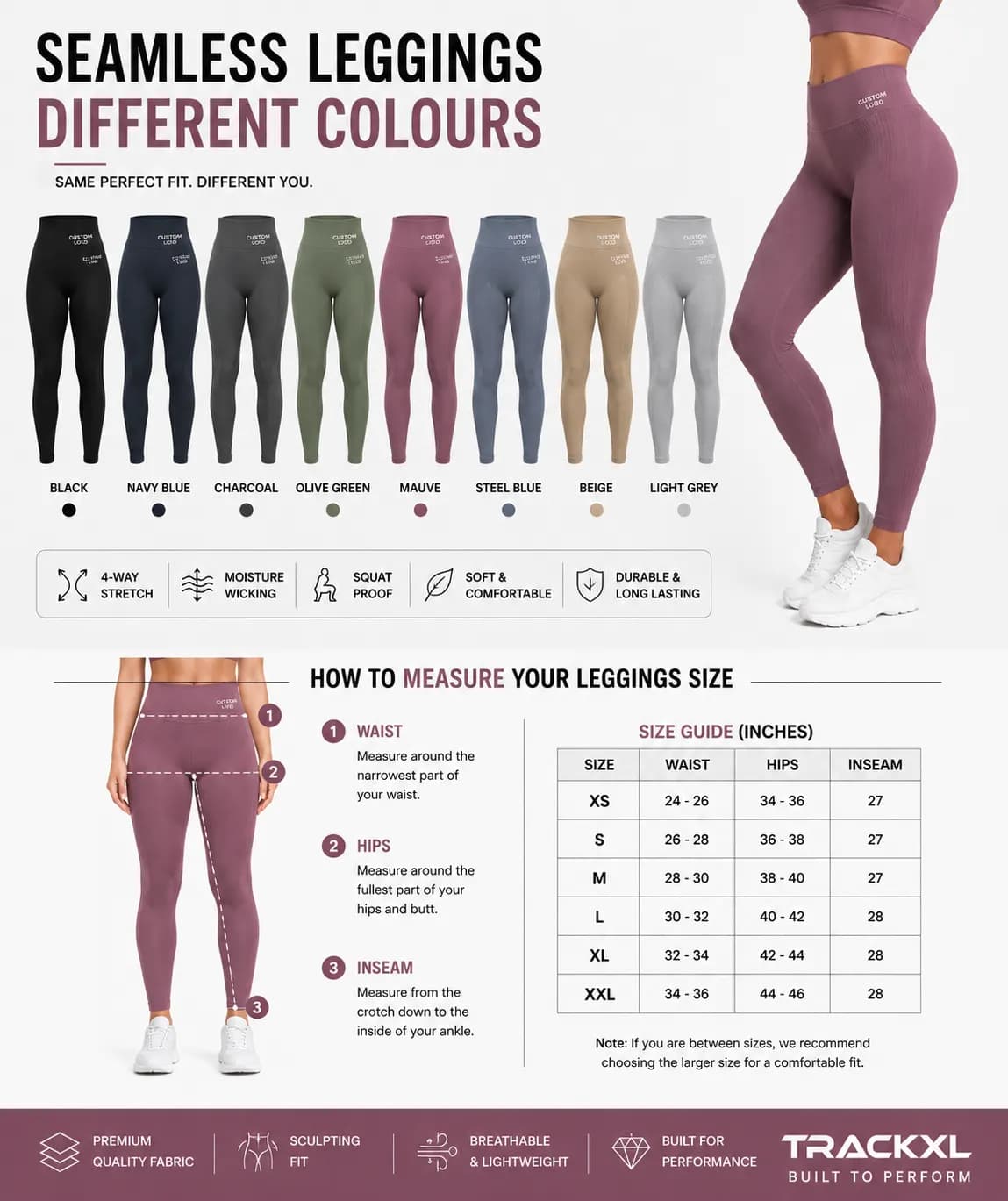 Custom seamless high waist leggings manufacturer with private label logo, export quality gym leggings, OEM activewear supplier by TrackXL.