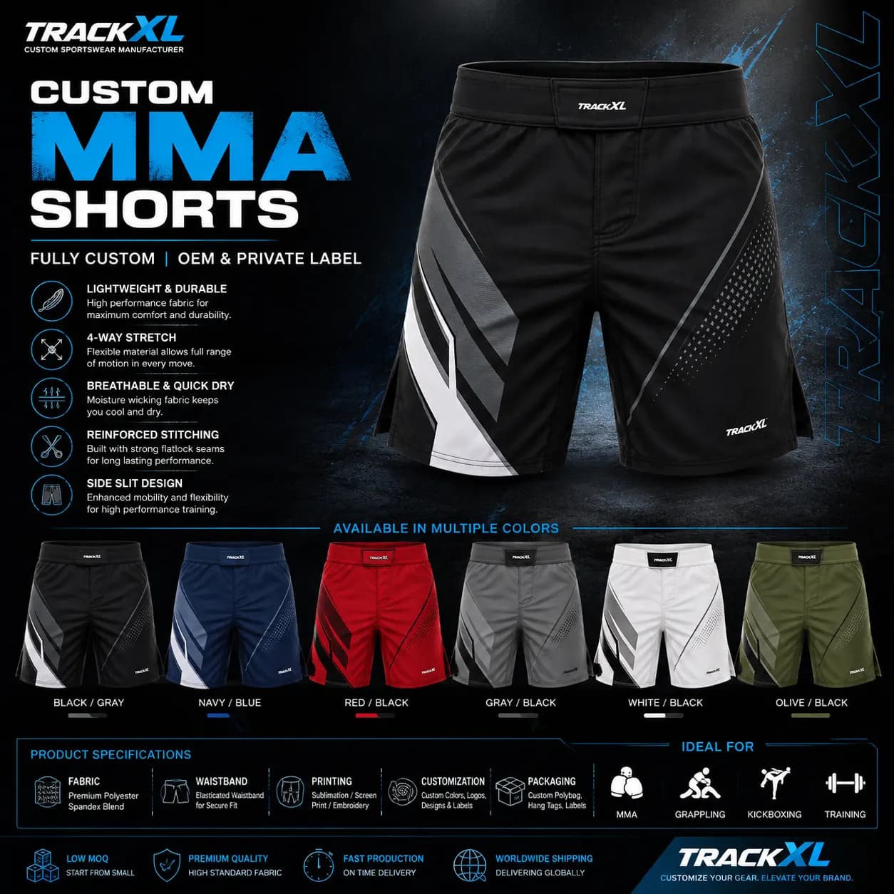 Custom MMA Shorts Manufacturer | OEM & Private Label MMA Fight Shorts | TrackXL