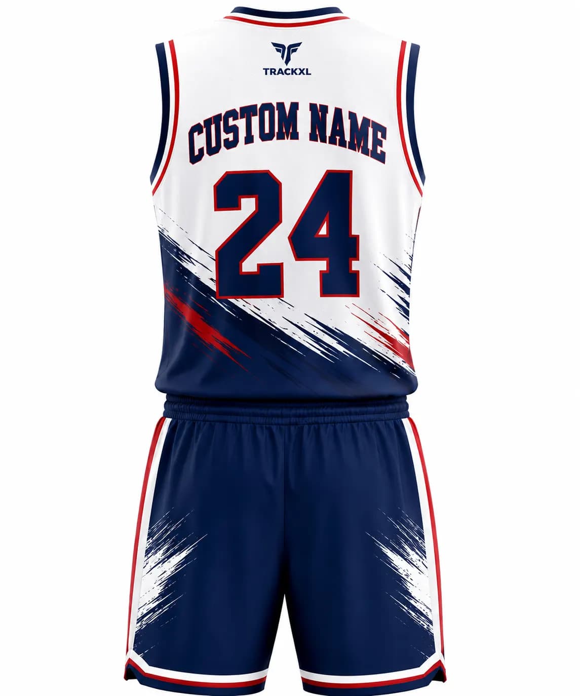 Custom basketball uniform set with personalized name and number, sublimated basketball jersey and shorts by TrackXL manufacturer.
