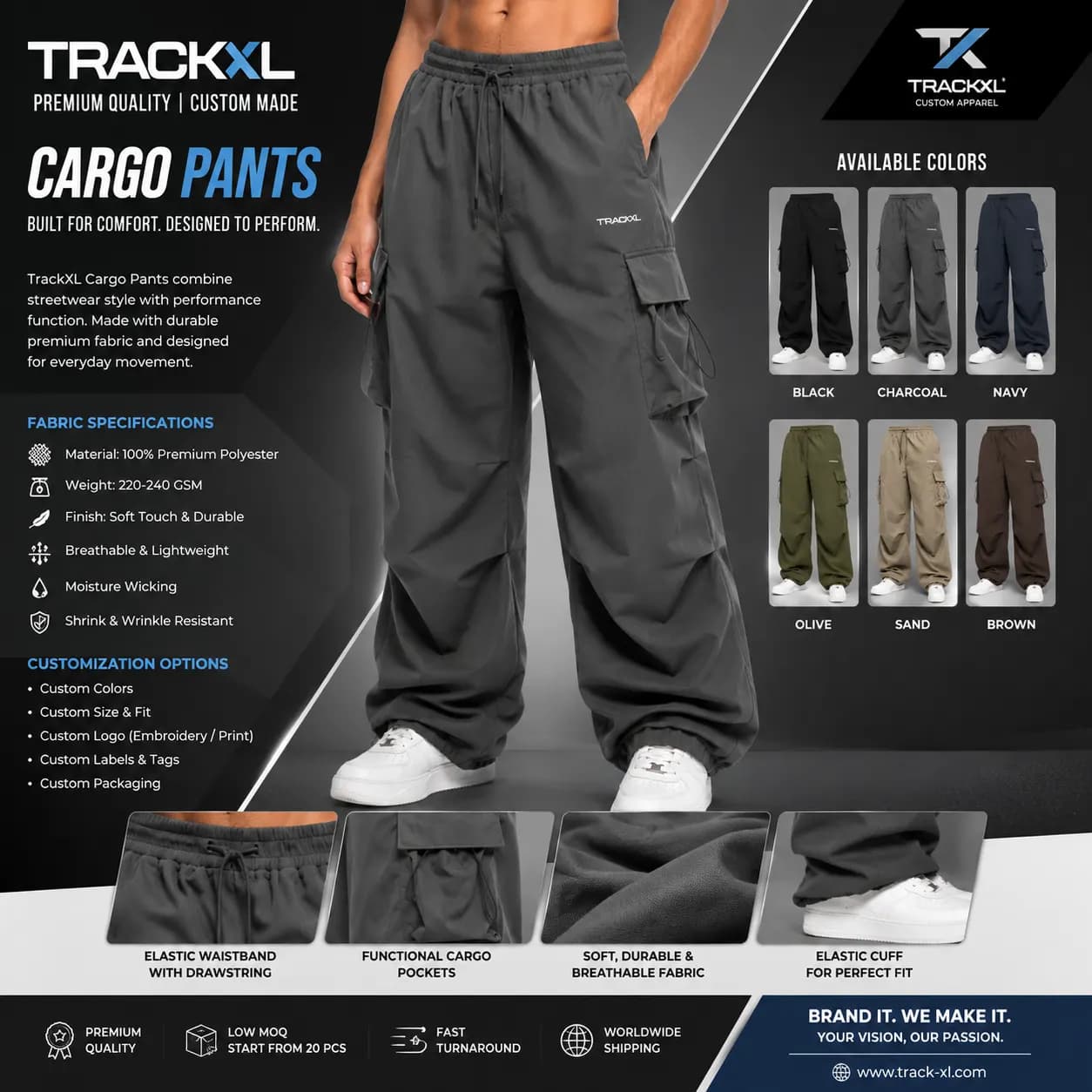 Custom Cargo Pants Manufacturer | OEM & Private Label | TrackXL