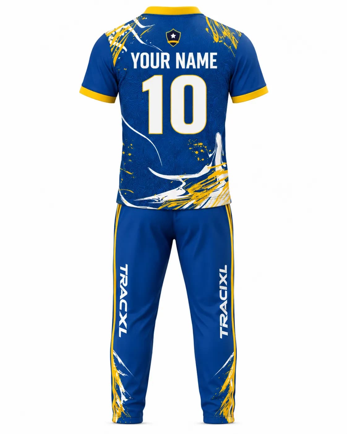 Premium custom cricket jersey and matching trouser set manufactured by TRACKXL with private label branding, sublimation printing, custom team logos, player names, and sponsor logos.