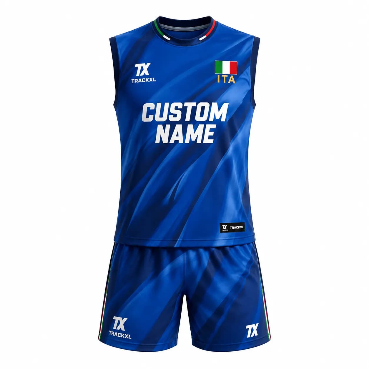 Custom volleyball jersey and shorts manufacturer with sublimation printing, player name, number, and private label customization by TrackXL.