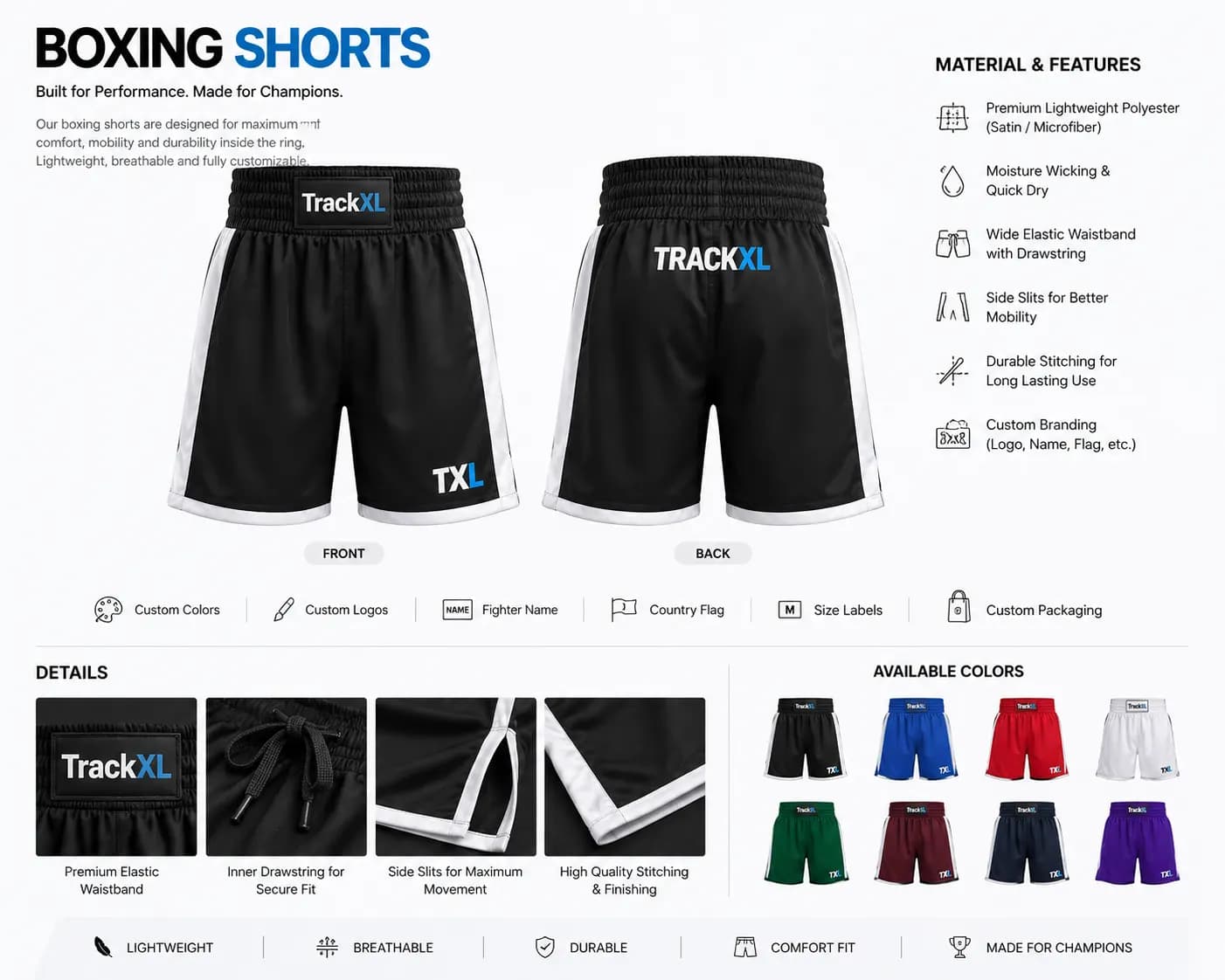 Custom Boxing Shorts Manufacturer | OEM & Private Label Boxing Shorts | TrackXL