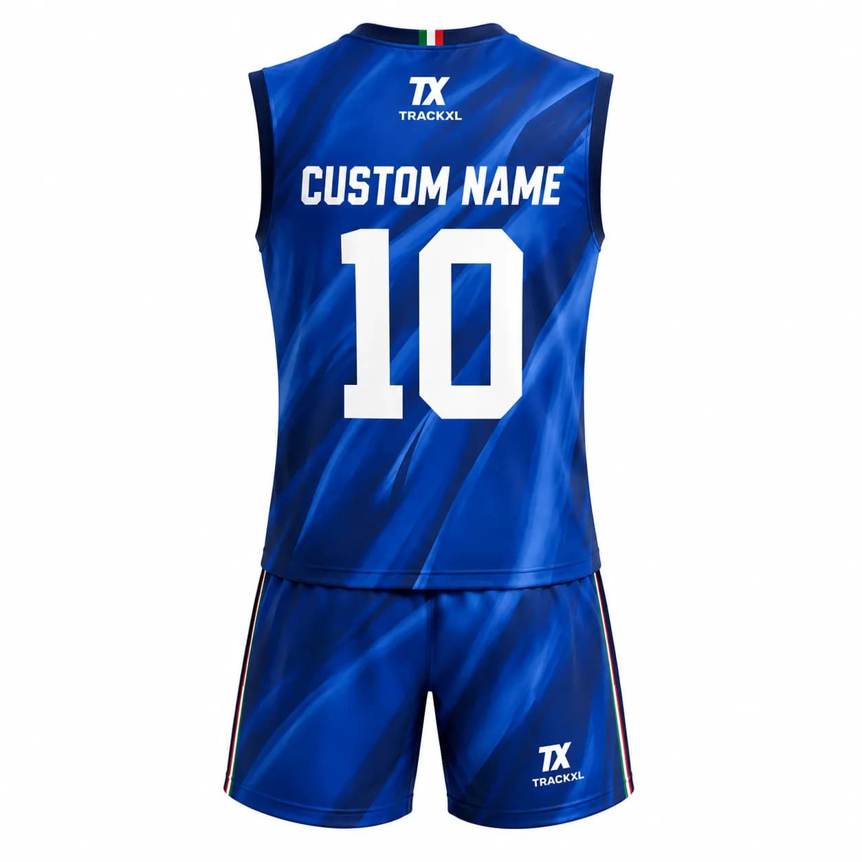 Custom volleyball jersey and shorts manufacturer with sublimation printing, player name, number, and private label customization by TrackXL.