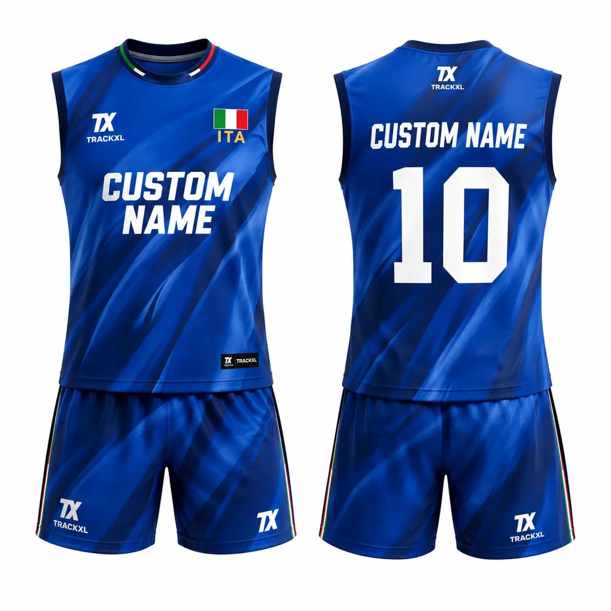 Custom volleyball jersey and shorts manufacturer with sublimation printing, player name, number, and private label customization by TrackXL.