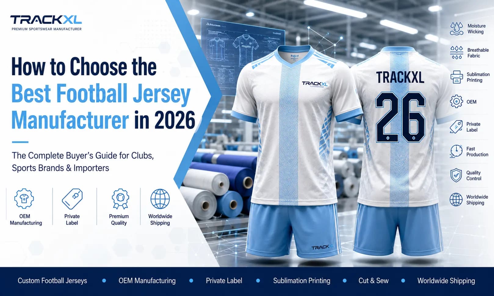 How to Choose the Best Football Jersey Manufacturer in 2026: The Complete Buyer's Guide How to Choose the Best Football Jersey Manufacturer in 2026 – Premium custom football jersey manufacturing by TrackXL featuring OEM, private label, sublimation printing, and worldwide shipping.