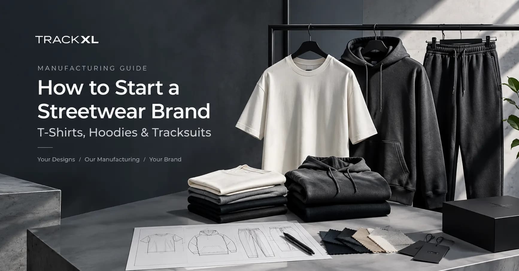 How to Start a Streetwear Brand: A Manufacturing Guide for T-Shirts, Hoodies & Tracksuits Streetwear manufacturing guide featuring custom oversized T-shirts, hoodies and tracksuits for private-label clothing brands by TrackXL.
