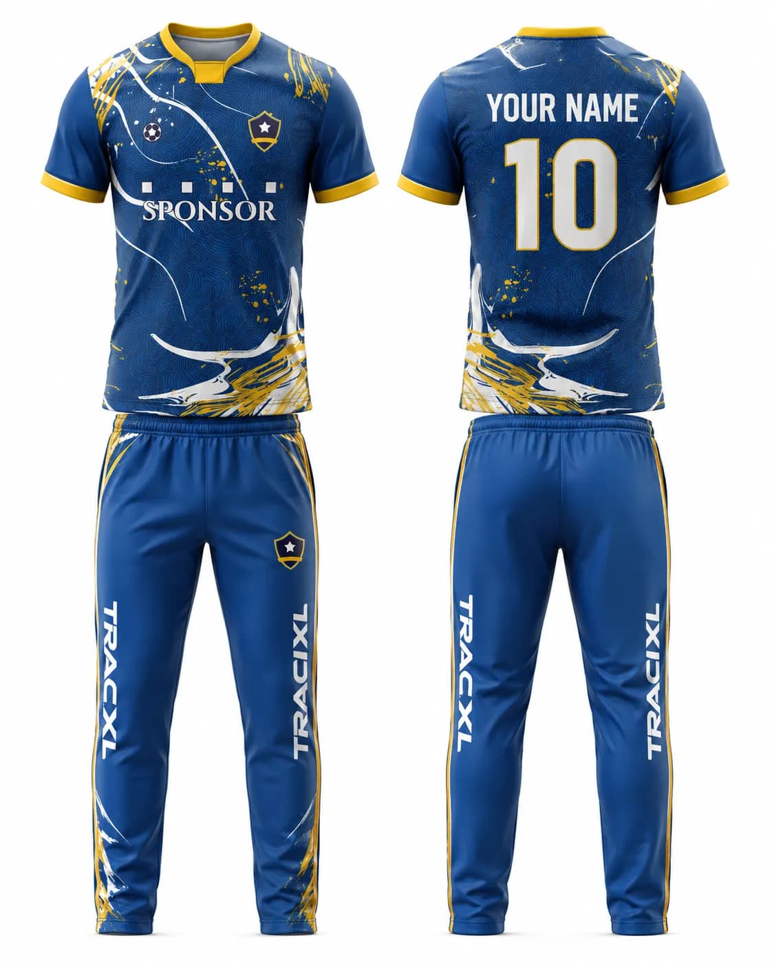 Premium custom cricket jersey and matching trouser set manufactured by TRACKXL with private label branding, sublimation printing, custom team logos, player names, and sponsor logos.
