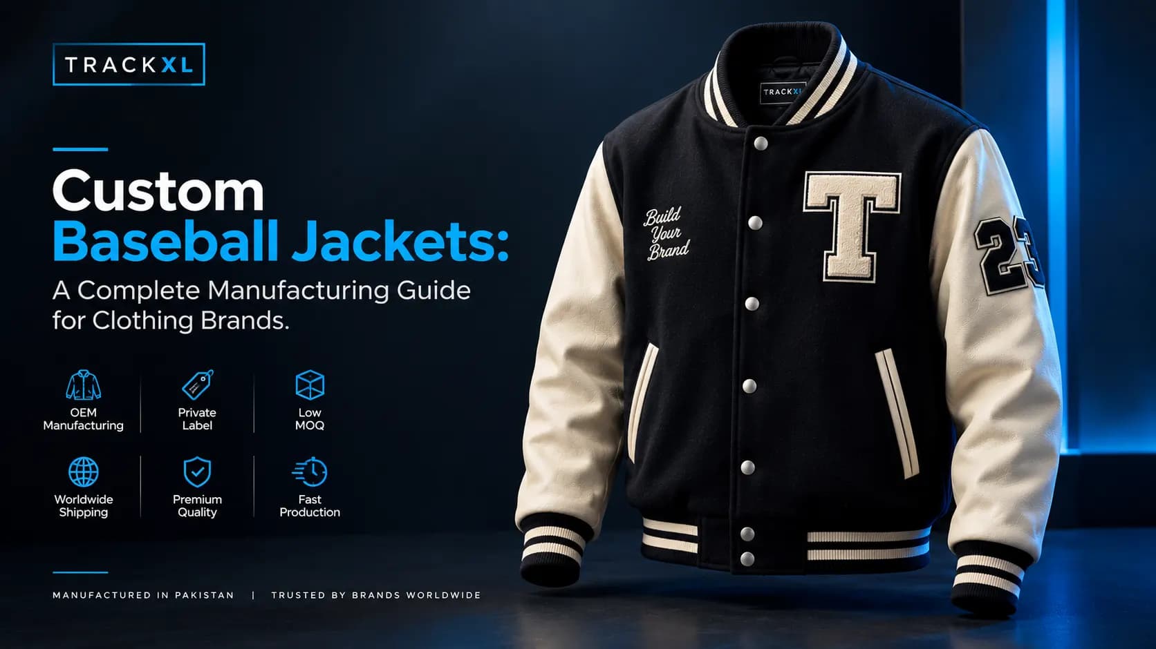 Custom Baseball Jackets: A Complete Manufacturing Guide for Clothing Brands Custom black and cream varsity baseball jacket with chenille patches and embroidered branding